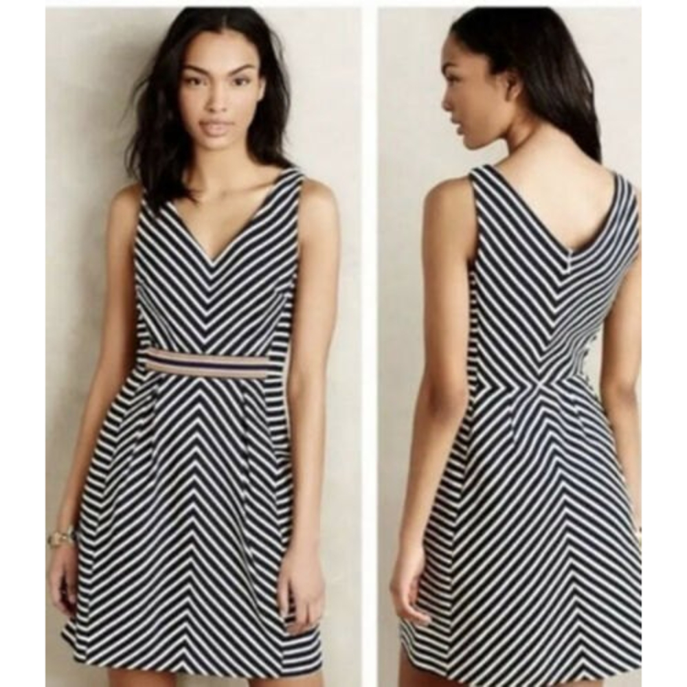Maeve Anthropologie Mitered Dress Navy White Stripe Textured Sleeveless size 2